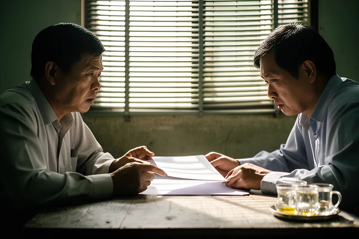 Hai người đàn ông trung niên ngồi đối diện bên bàn gỗ, cùng xem và chỉ vào tập giấy tờ, cạnh khay thủy tinh nhỏ