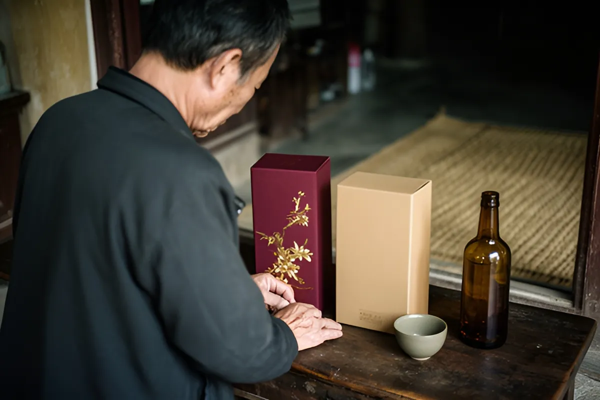 Một người đàn ông mặc áo tối đứng quay lưng bên bàn gỗ, tay chạm hai hộp quà