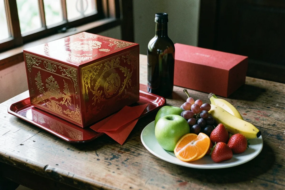 Trên bàn gỗ cũ đặt khay sơn đỏ với hộp quà đỏ hoa văn vàng, một chai tối màu, phong bao đỏ và đĩa trái cây gồm táo, nho
