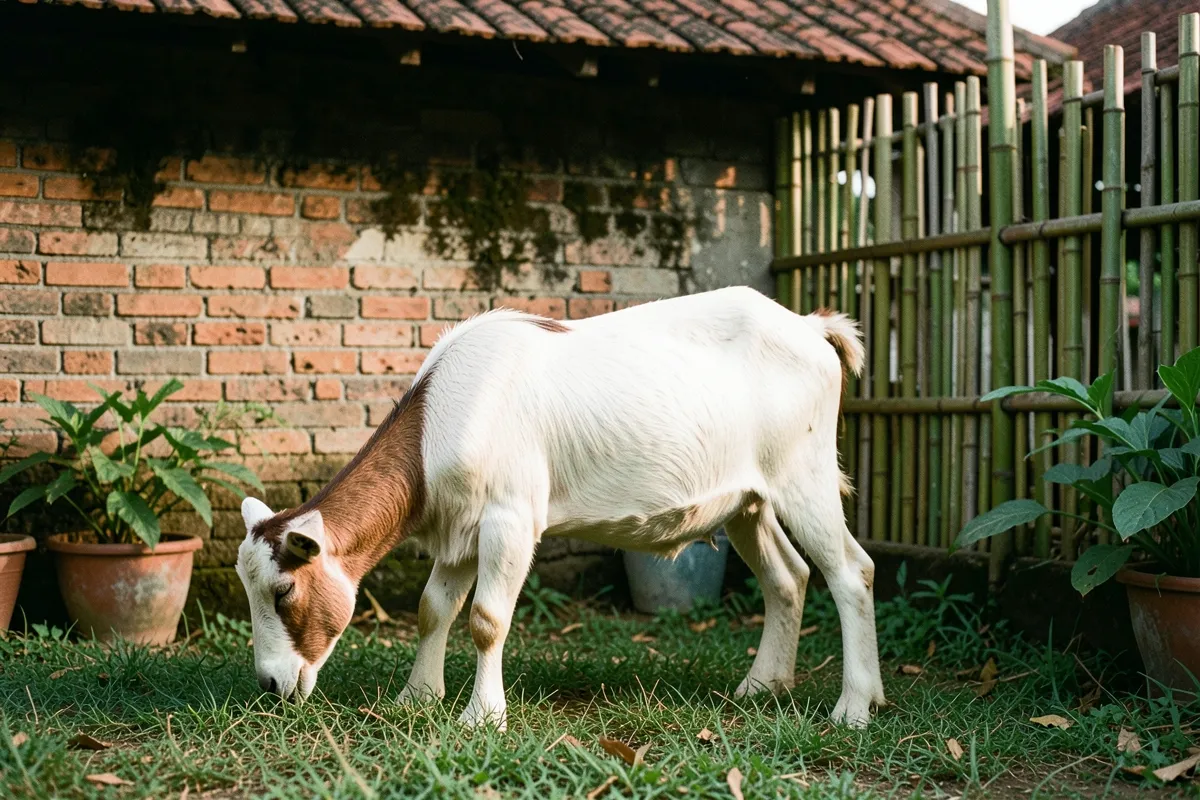 Một con dê trắng nâu cúi đầu gặm cỏ trong sân, phía sau là tường gạch cũ, hàng rào tre, chậu cây và mái ngói