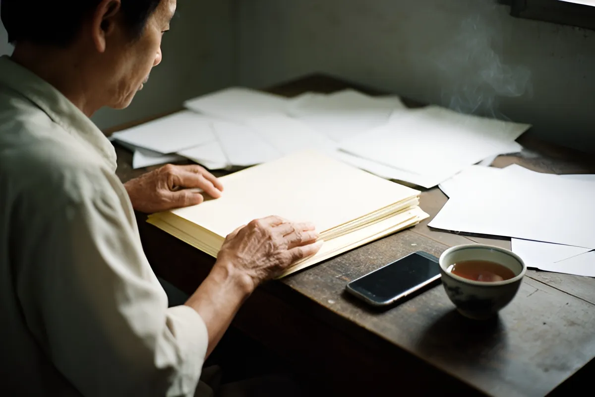 Một người đàn ông ngồi bên bàn gỗ, hai tay xếp giấy tờ trắng, cạnh đó có điện thoại úp và chén trà còn khói