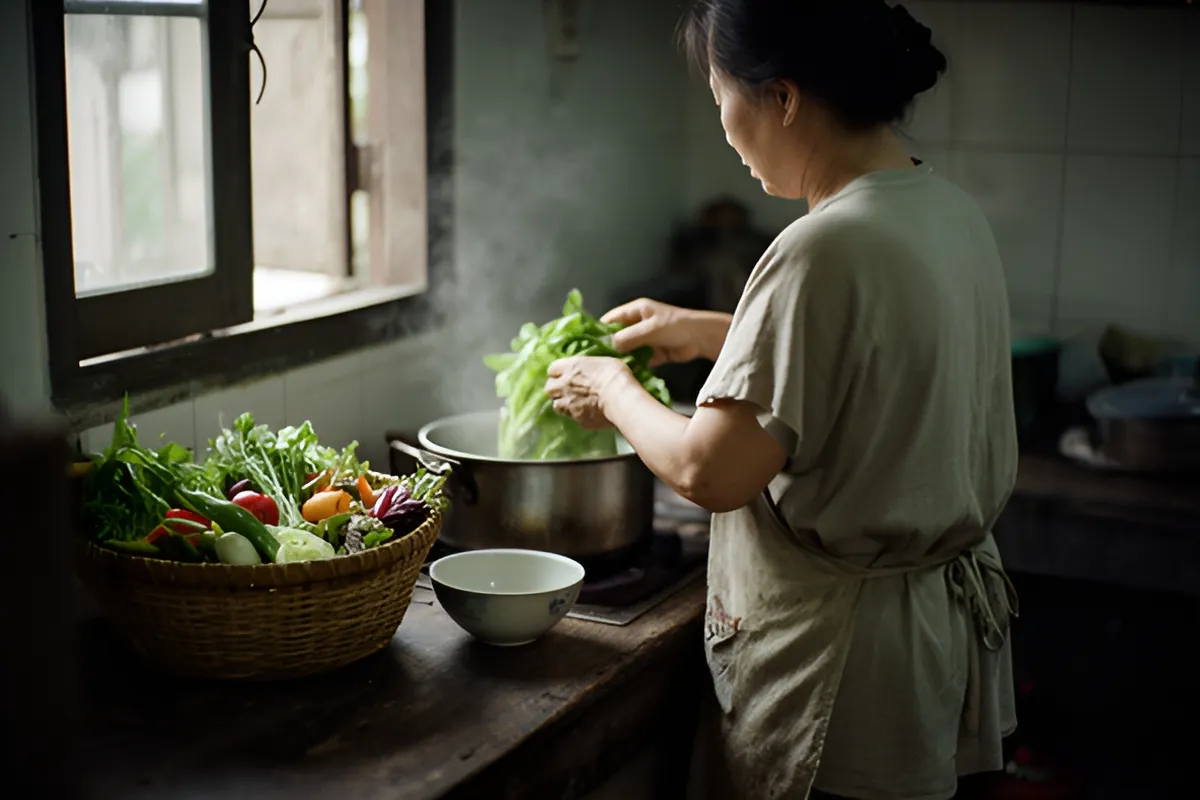 Một phụ nữ lớn tuổi đứng quay lưng bên bếp, đang bỏ rau xanh vào nồi đang bốc khói