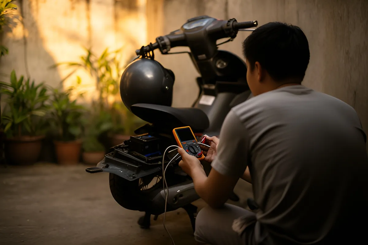 Một thanh niên ngồi quay lưng bên xe máy trong góc sân, tay cầm đồng hồ đo điện có màn hình tối, dây đo chùng xuống