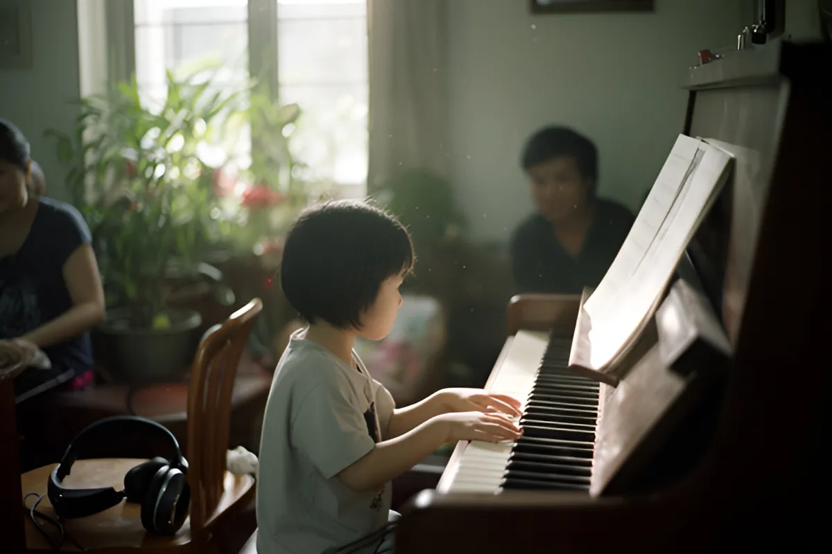 Một đứa trẻ ngồi chơi đàn piano trong phòng khách, hai người lớn ngồi mờ phía sau, có chậu cây