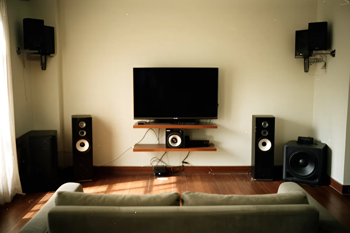 Phòng khách có ghế sofa hướng về TV tắt màn hình, các loa đặt trên kệ, gắn tường và ở góc, nắng chiều đổ trên sàn gỗ