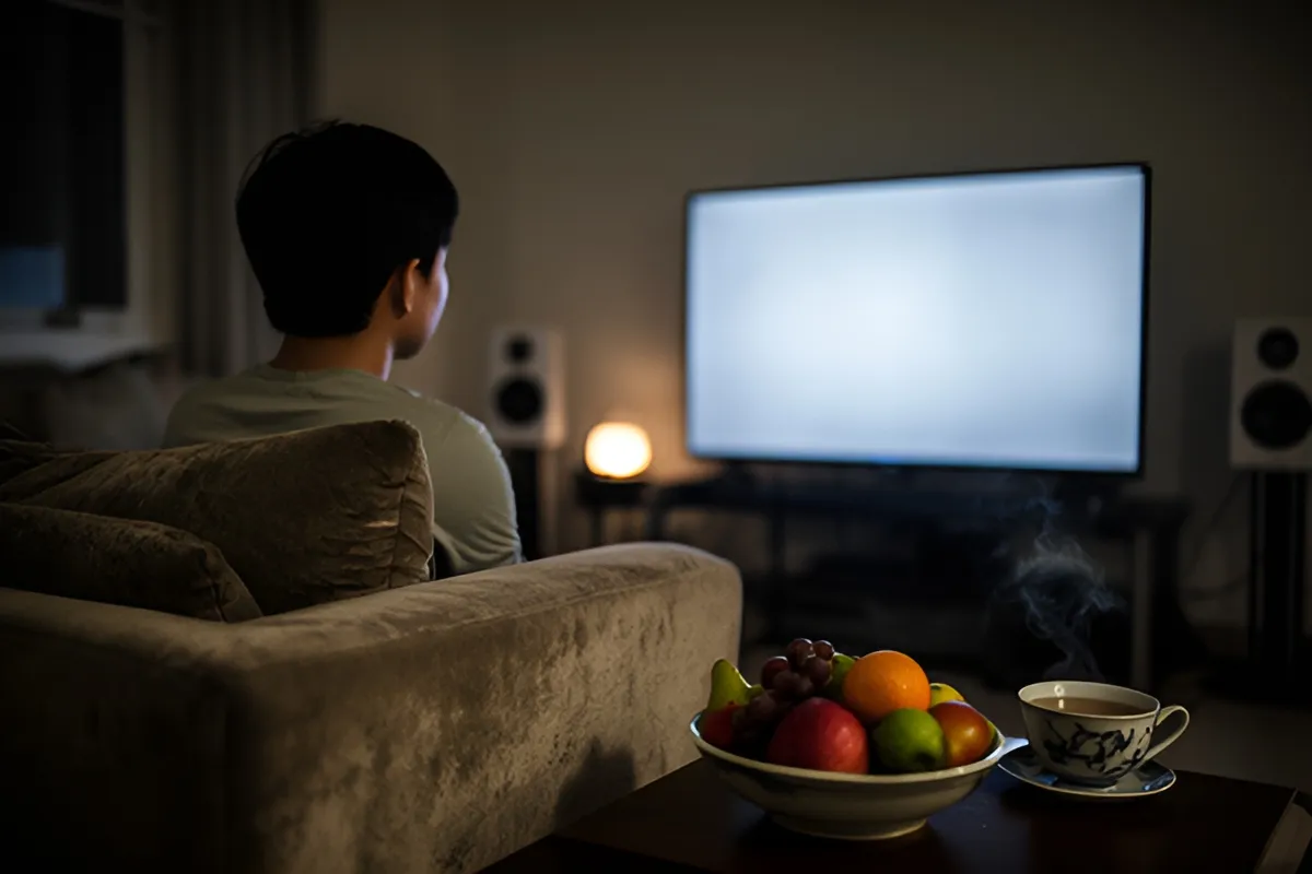 Một người đàn ông ngồi quay lưng trên ghế sofa trong phòng khách tối, xem tivi sáng mờ, trên bàn có đĩa trái cây và tách trà