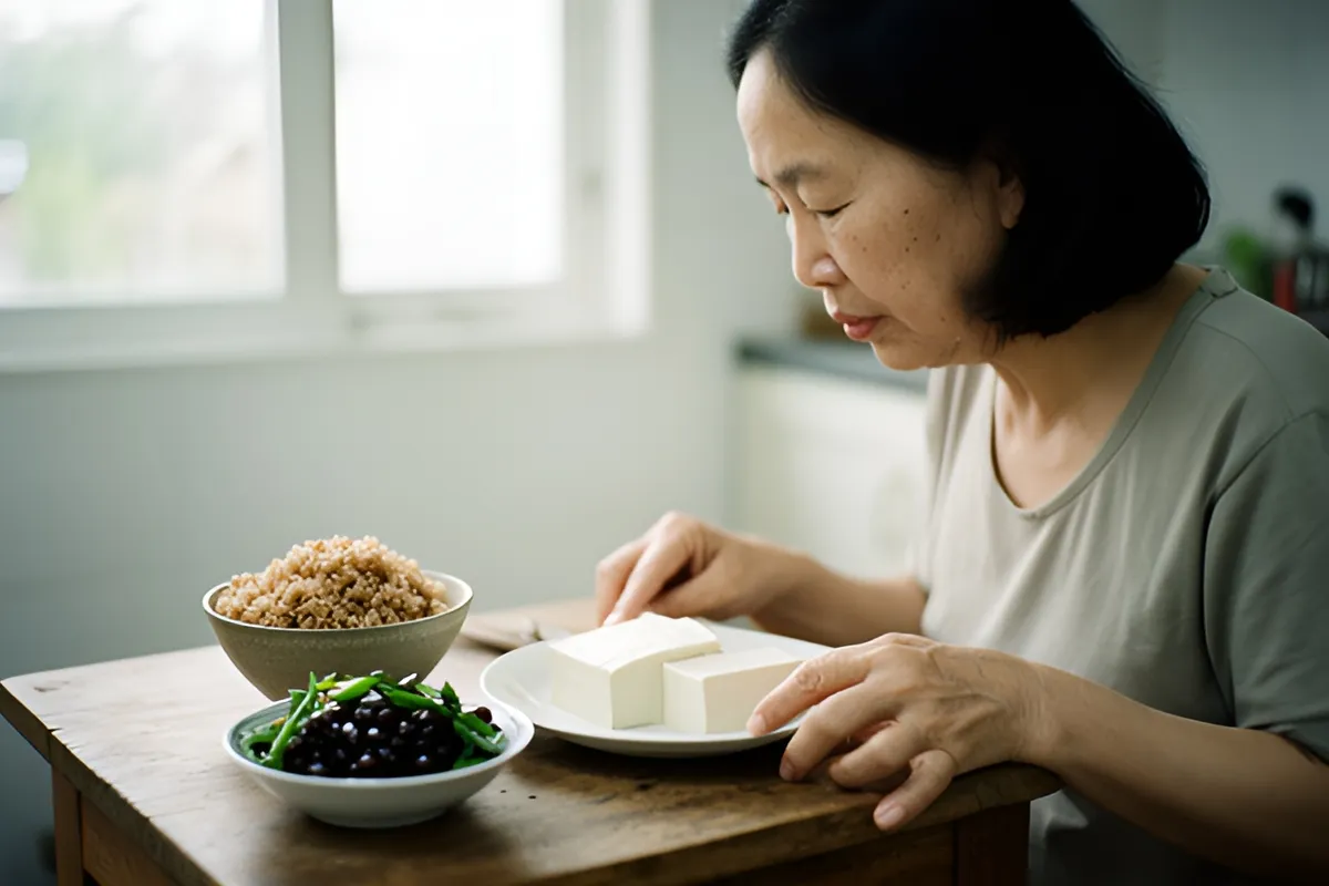 Một phụ nữ trung niên cúi nhìn bàn gỗ, tay chạm đĩa đậu trắng, cạnh đó là bát cơm và bát đậu với rau, bếp sáng cửa sổ