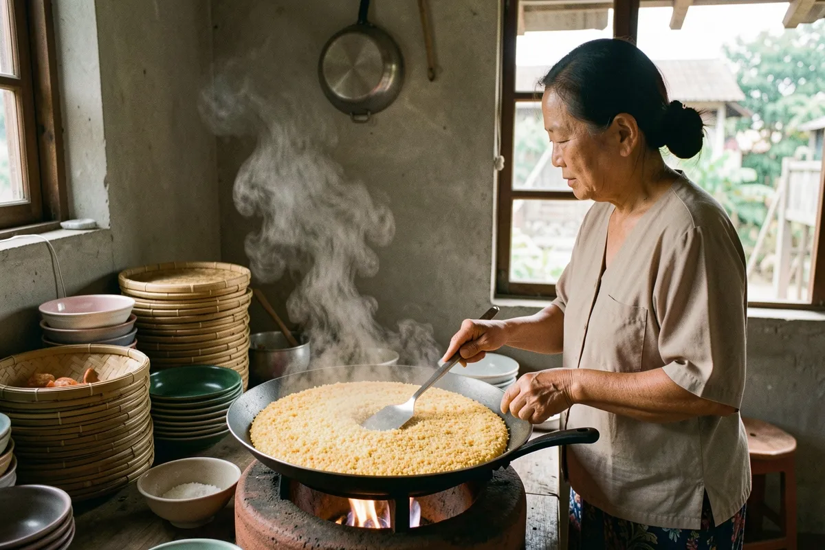 Một người phụ nữ đứng bên bếp đất, dùng xẻng đảo chảo gạo lớn bốc khói, quanh là rổ tre và bát, sáng từ cửa sổ