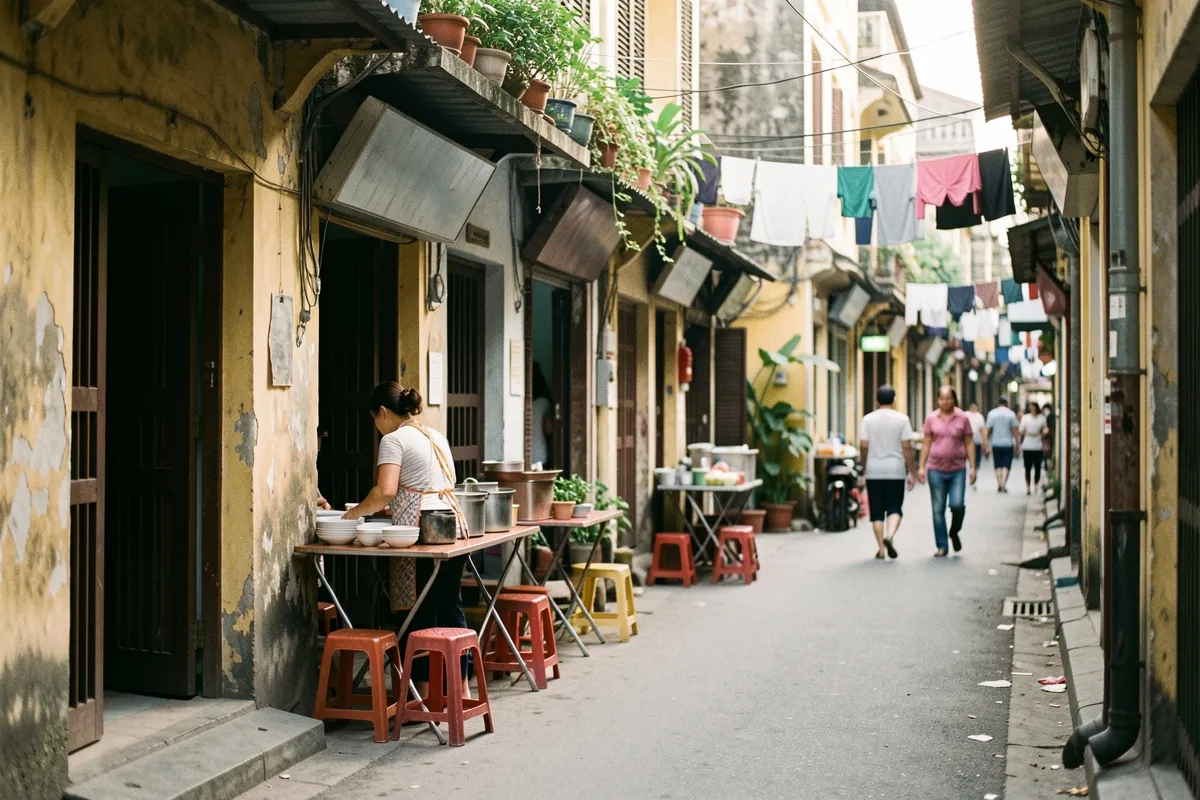 Người phụ nữ mặc tạp dề bày bát đĩa sau bàn trong hẻm nhỏ, vài người đi bộ ở xa, quần áo phơi trên cao