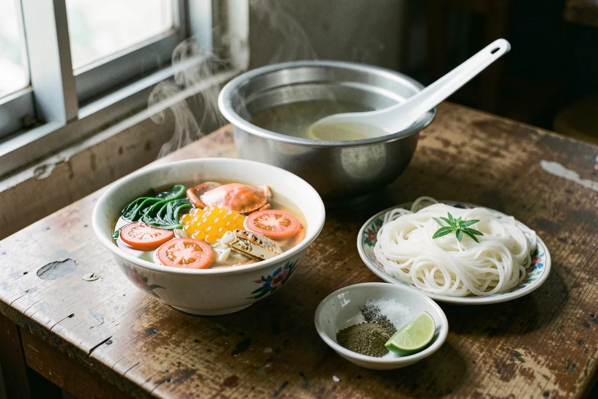 Bát lẩu cua có cà chua và rau xanh, đĩa sợi bánh trắng, chén muối tiêu chanh cùng nồi kim loại trên bàn gỗ cũ cạnh cửa sổ