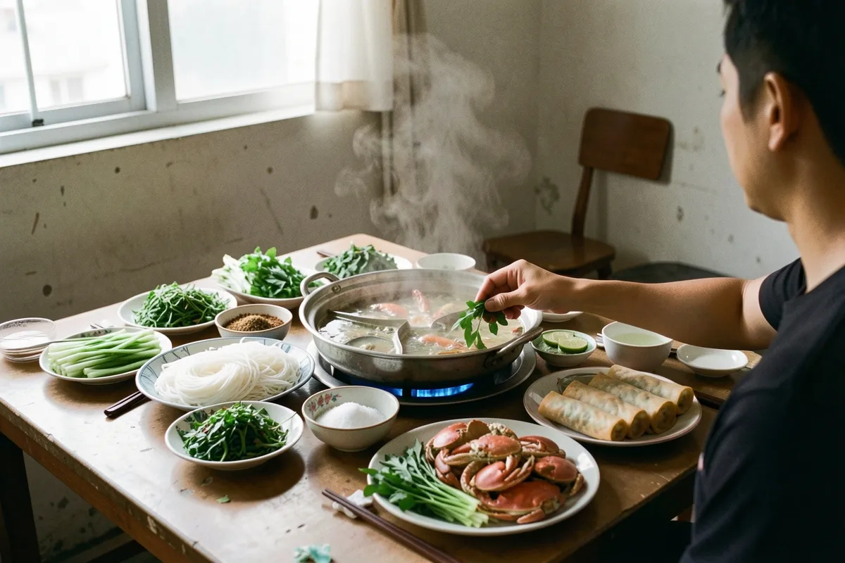 Một người mặc áo đen ngồi bên bàn gỗ, tay với lấy rau thơm thả vào nồi lẩu bốc khói giữa nhiều đĩa rau, bún và cua