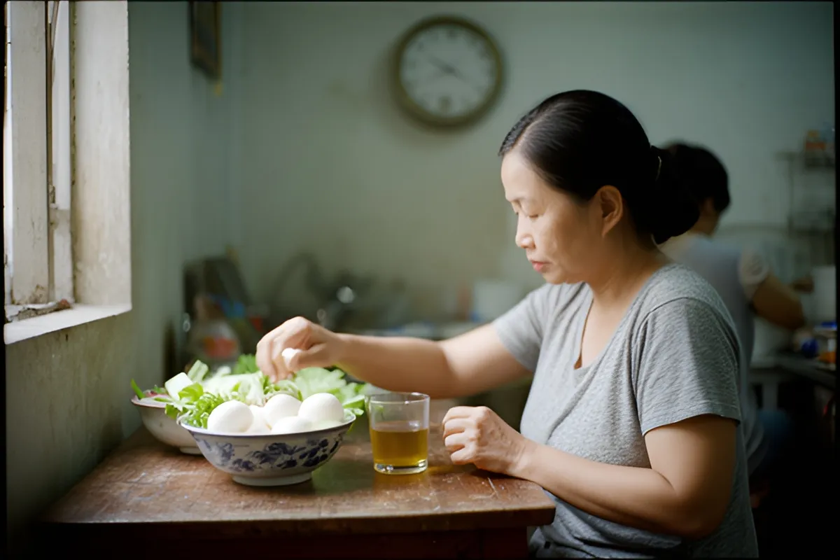Một phụ nữ mặc áo xám ngồi bên bàn gỗ cạnh cửa sổ, tay với vào tô trứng và rau