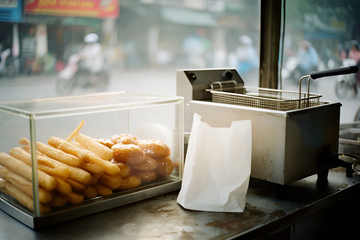 Bàn kim loại bày tủ kính đựng que chiên vàng và bánh ngọt, cạnh nồi chiên dầu và một túi giấy trắng, phông đường phố mờ