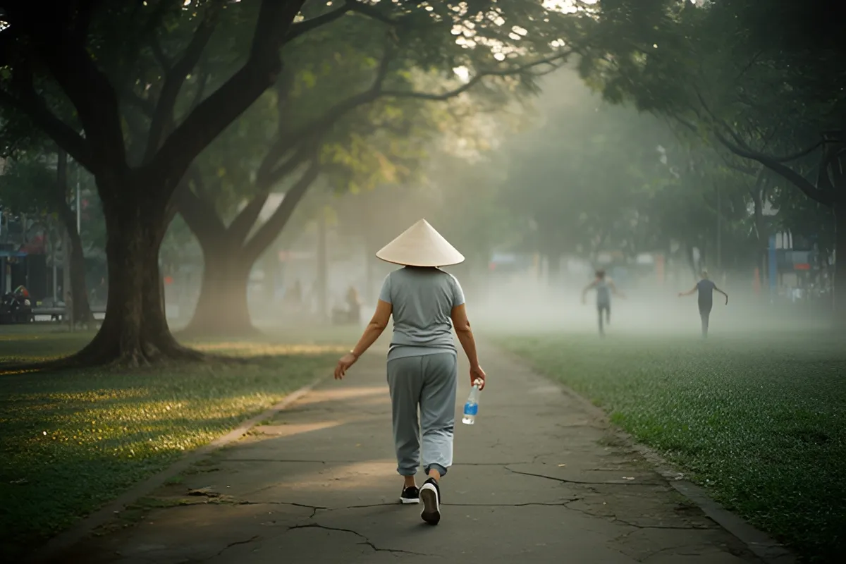 Một phụ nữ đội nón lá, mặc đồ thể thao rộng, đi bộ trên lối đá trong công ty xanh mờ sương, tay cầm chai nước