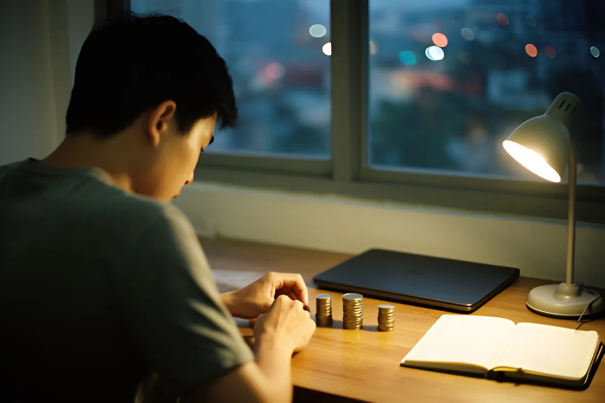 Một người đàn ông ngồi quay lưng bên bàn gỗ, tay chạm chồng xu, cạnh máy tính xách tay, sổ mở và đèn bàn sáng