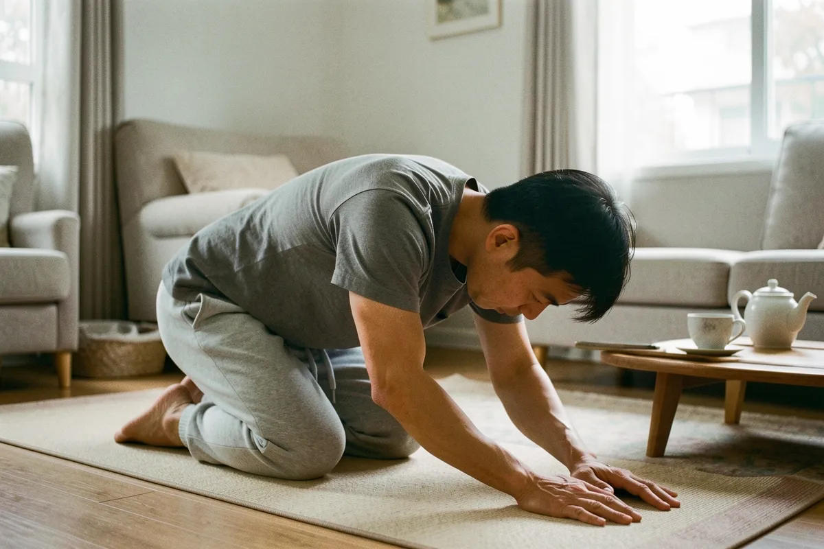 Một người đàn ông quỳ trên thảm, cúi gập người, hai tay duỗi ra sàn, cạnh bàn thấp có ấm và tách trà, sáng từ cửa sổ