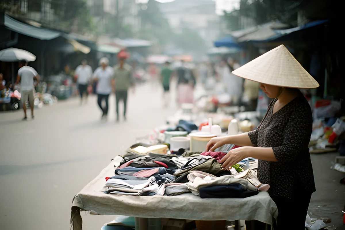 Một phụ nữ đội nón lá đứng bên bàn trải quần áo cũ, tay đang sắp xếp đồ, phố chợ phía sau mờ nhòe, ánh sáng sáng vãn