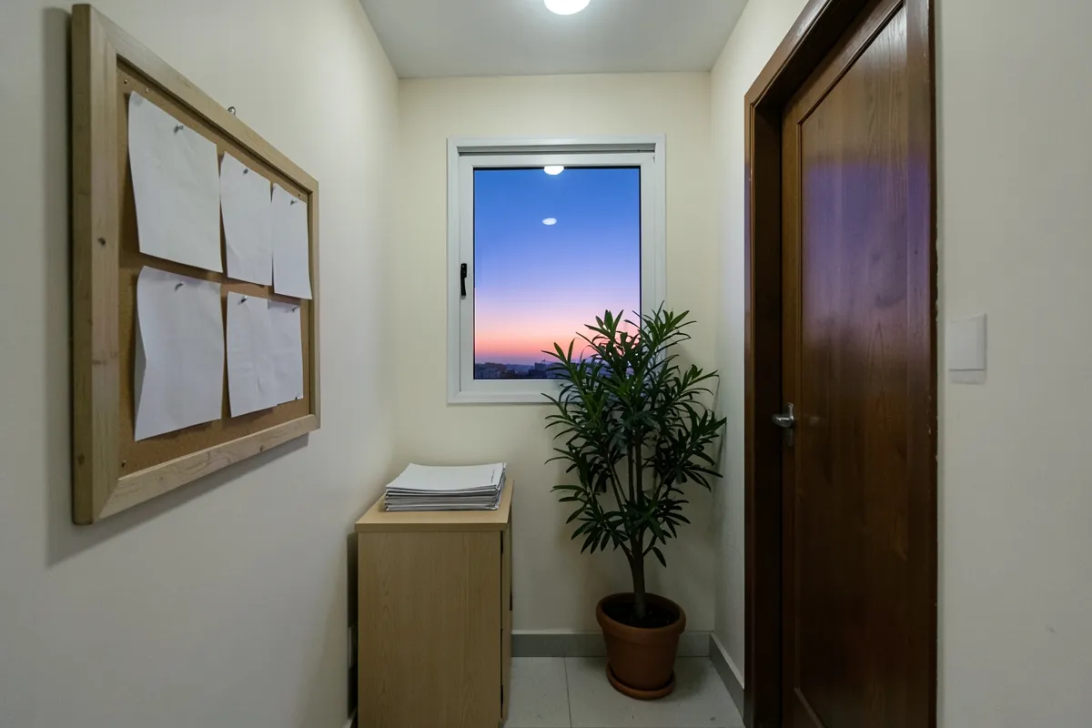Hành lang văn phòng nhỏ lúc chạng vạng với bảng thông báo, tủ gỗ, chậu cây và cửa sổ nhìn ra trời chiều