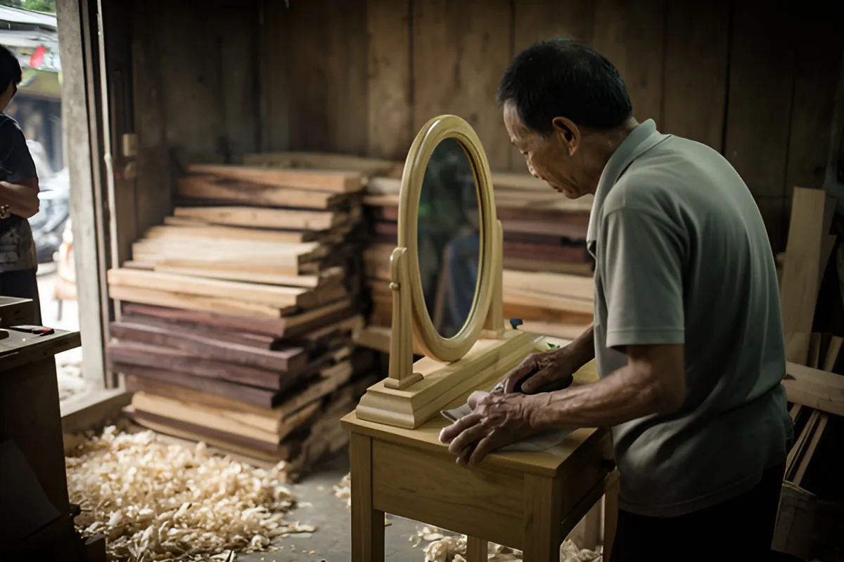 Một người đàn ông lớn tuổi đang chà nhám mặt bàn gỗ có gương oval đặt trên đó, trong xưởng gỗ xếp nhiều tấm ván