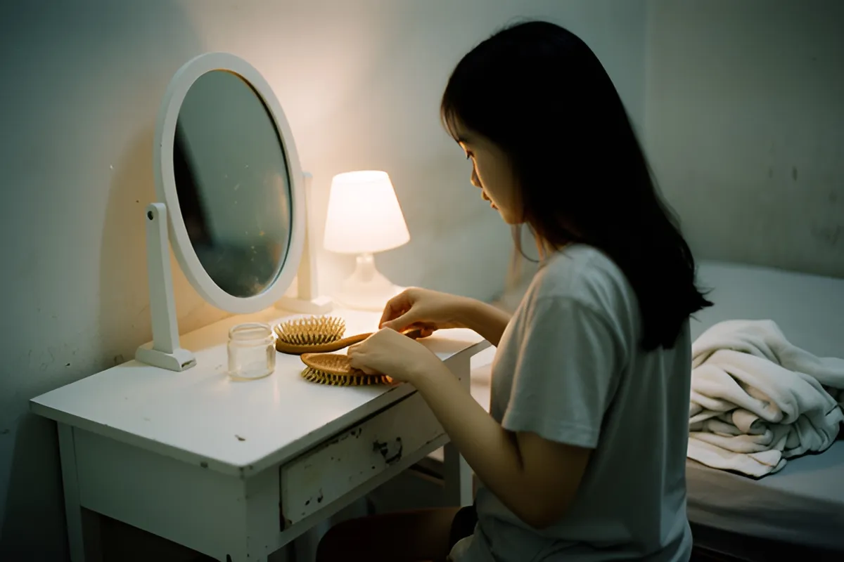 Một cô gái tóc đen ngồi nghiêng bên bàn trắng có gương tròn, tay chạm vào hai chiếc lược và một lọ thủy tinh nhỏ