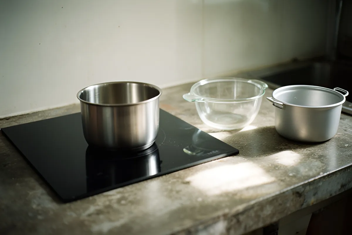 Ba chiếc nồi bằng inox, thủy tinh và nhôm đặt trên mặt bếp và quầy đá trong ánh sáng cửa sổ