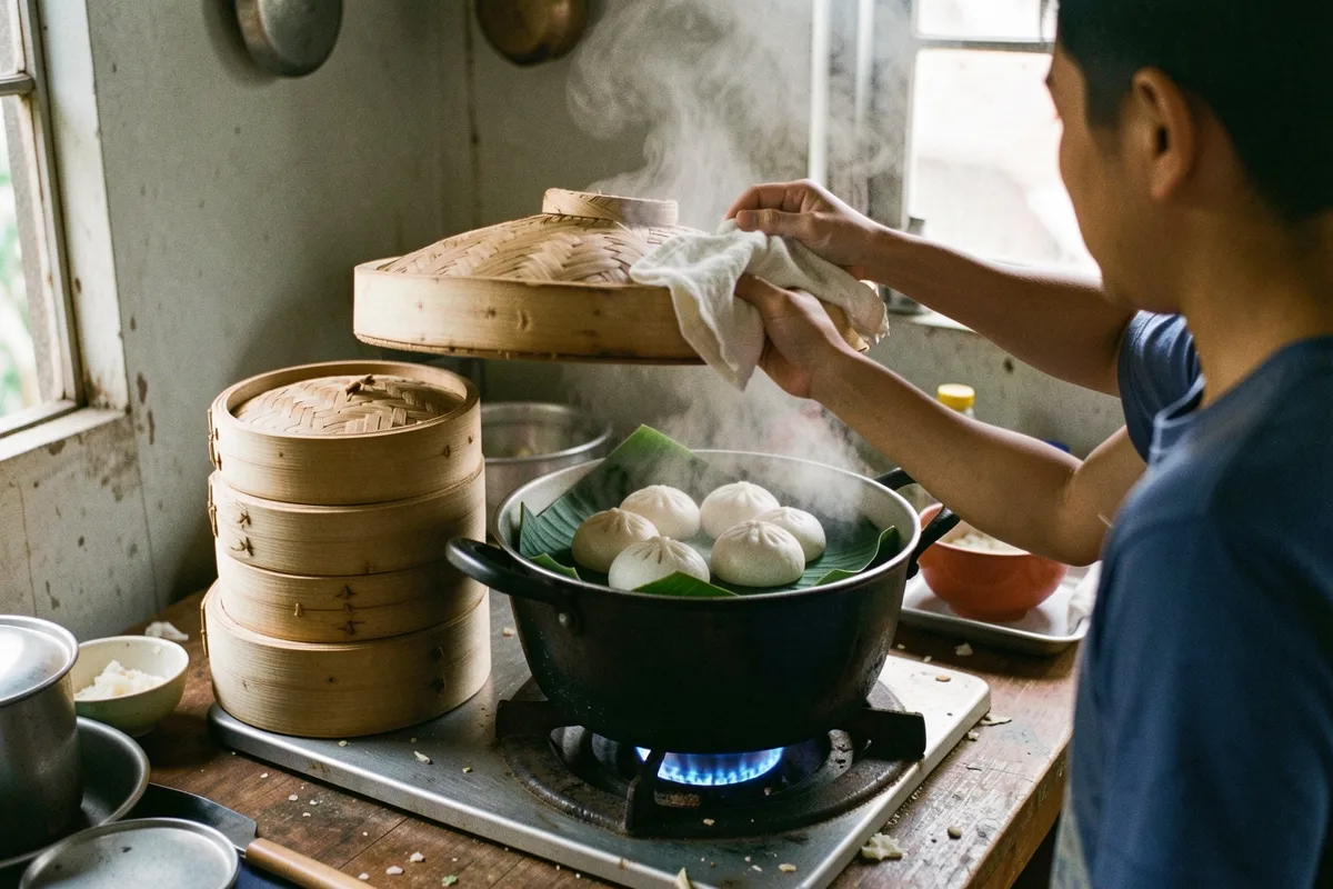 Một người quay lưng dùng khăn nhấc nắp chõ tre, trong nồi có bánh bao đặt trên lá chuối, khói bốc lên trong bếp