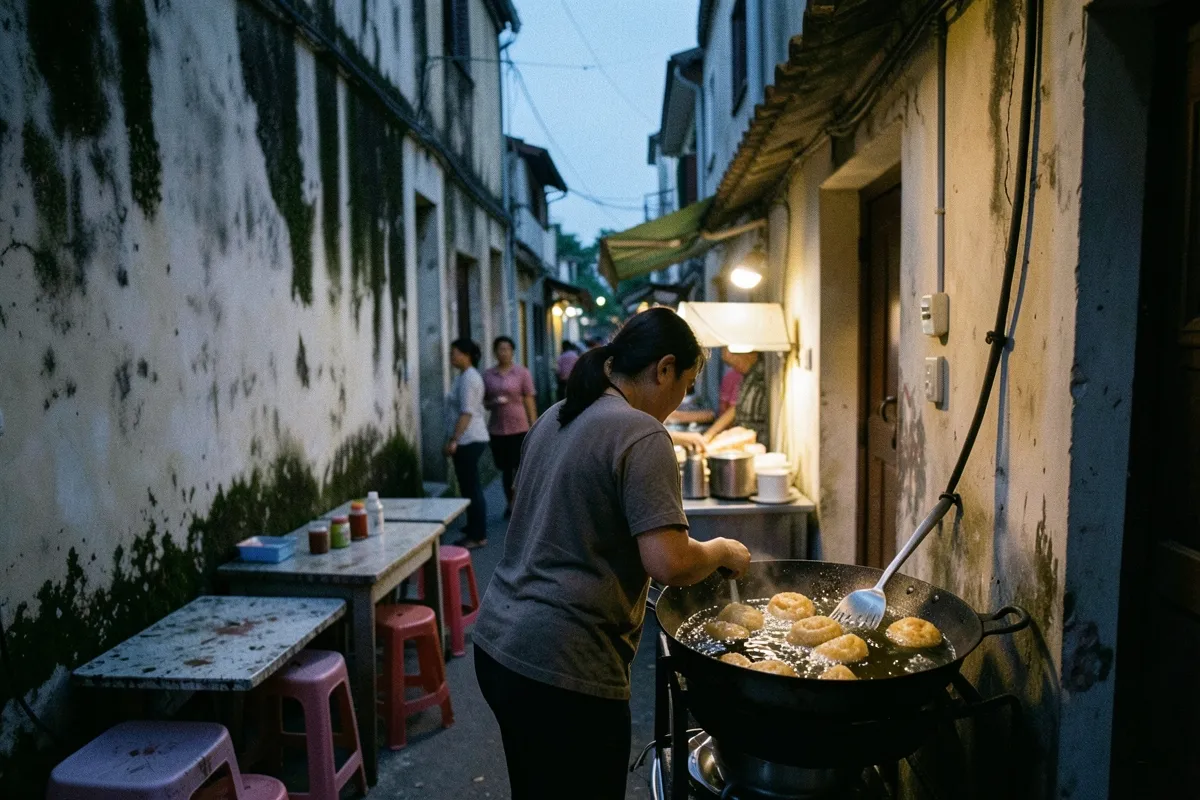 Một phụ nữ áo xám đứng quay lưng chiên đồ trong chảo dầu lớn ở hẻm hẹp lúc chạng vạng, bên tường có bàn ghế nhựa