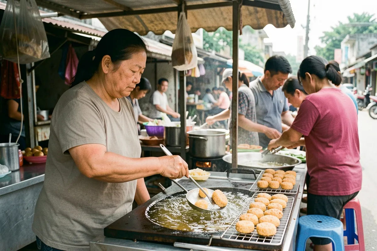 Một phụ nữ áo xám đứng bên chảo dầu nóng gắp những chiếc bánh vàng, phía sau vài người khách ngồi ghế nhựa chờ