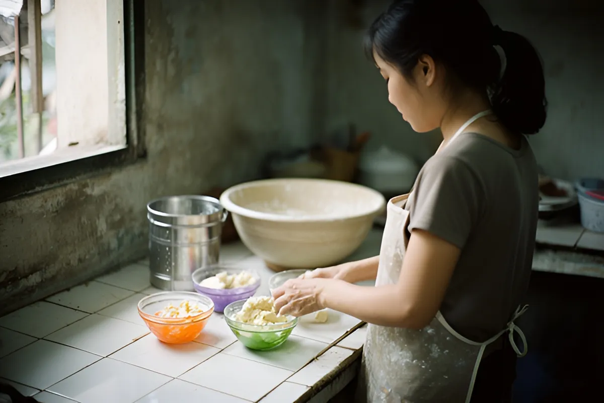 Một phụ nữ trẻ đeo tạp dề đứng quay bên cạnh quầy bếp cũ, tay chia bột nhão vào các chén thủy tinh màu