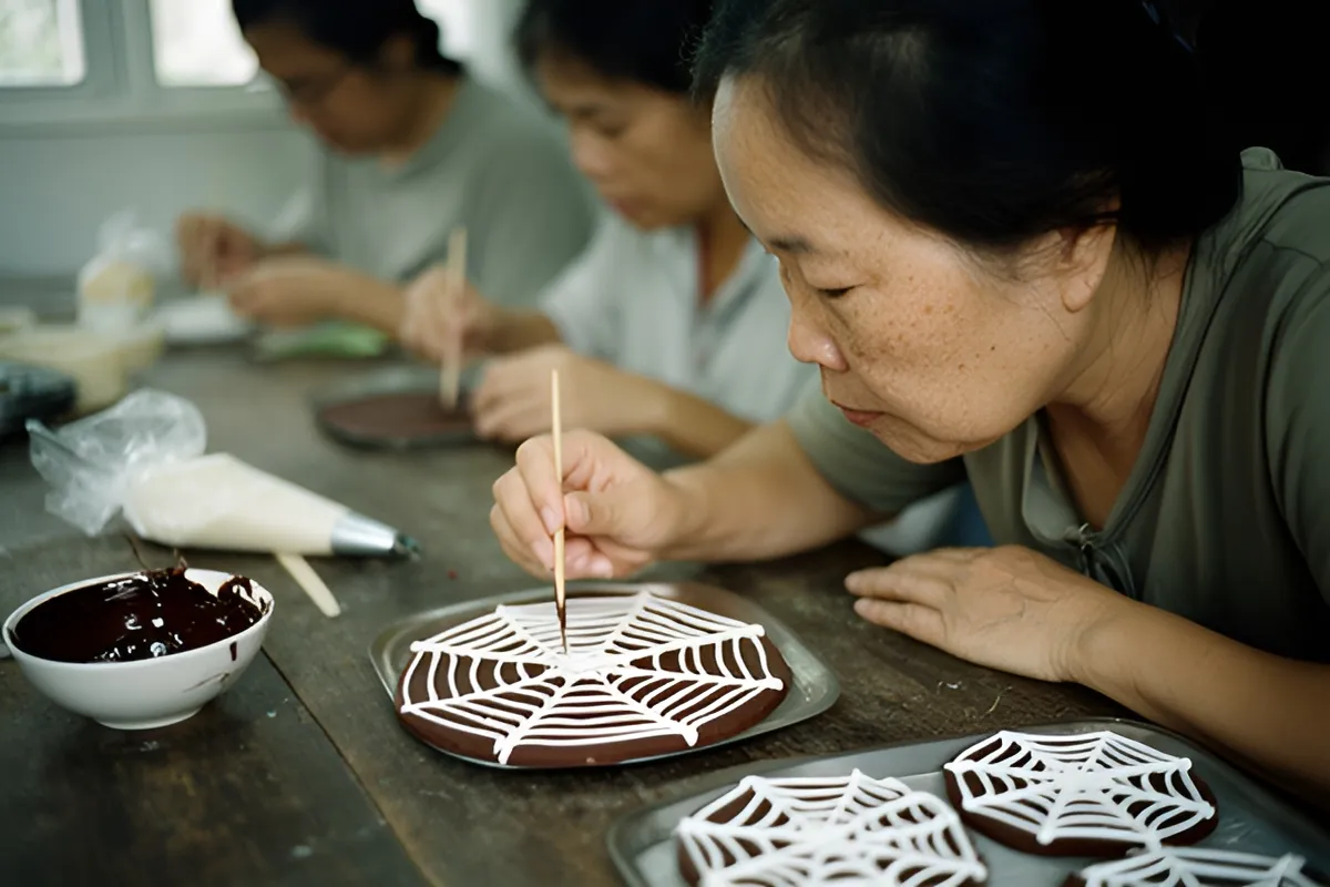 Người phụ nữ dùng que tăm kéo các vòng icing trắng trên nền socola để tạo hình mạng nhện cho bánh quy