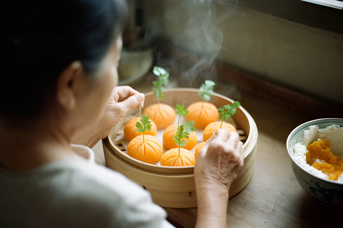 Một người phụ nữ nhìn từ phía sau đang cắm xiên và cọng rau lên những chiếc bánh cam hình bí trong xửng tre