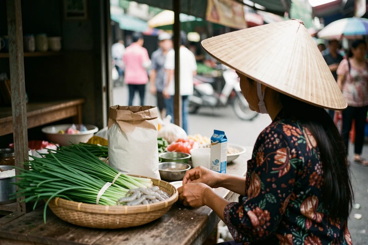 Người phụ nữ đội nón lá quay lưng phân loại hành lá trên sạp chợ, bên cạnh rổ hành, tôm