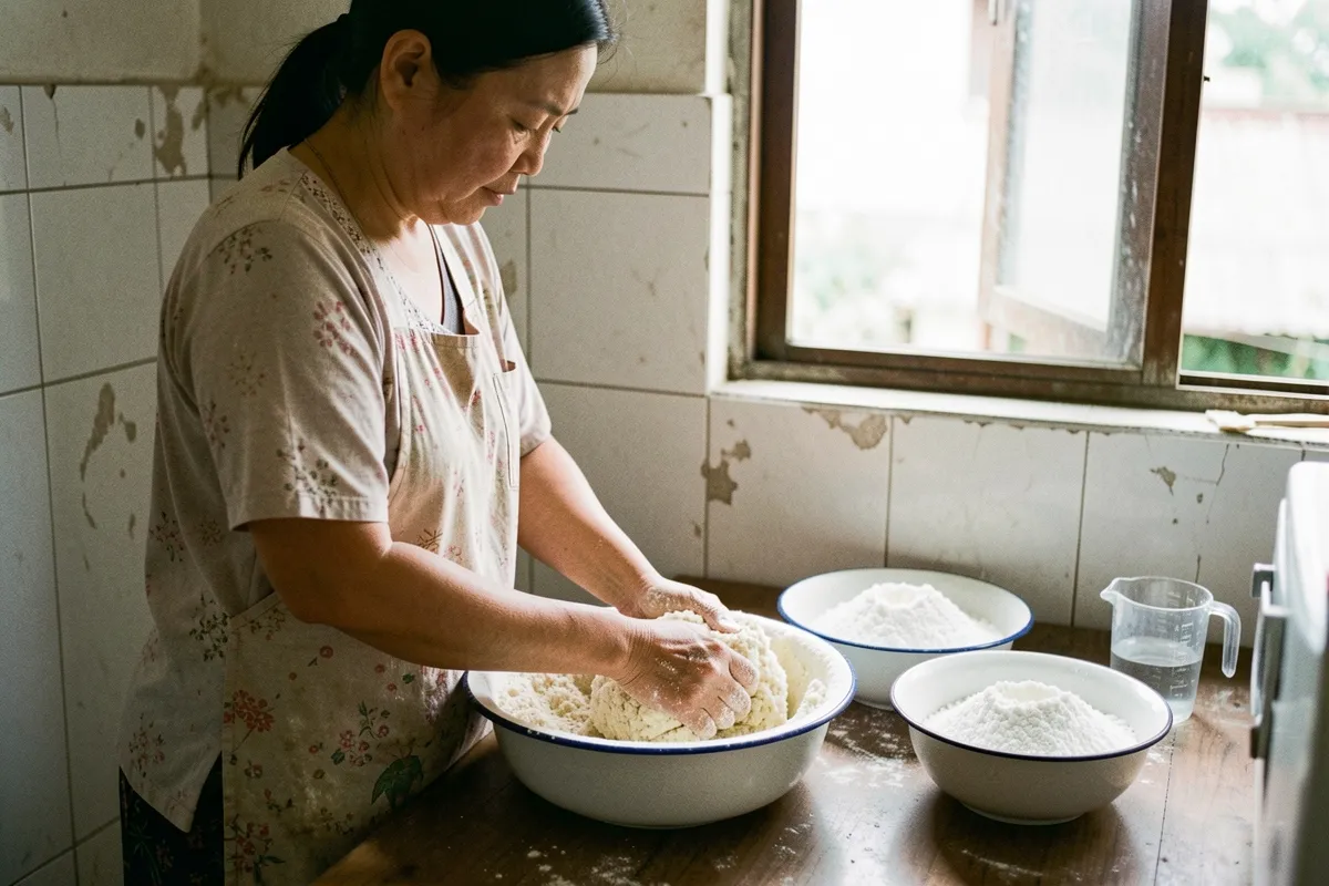 Một người phụ nữ đứng bên bàn gỗ nhào bột trong chậu men, cạnh hai bát bột trắng và một cốc nước, ánh sáng từ cửa sổ