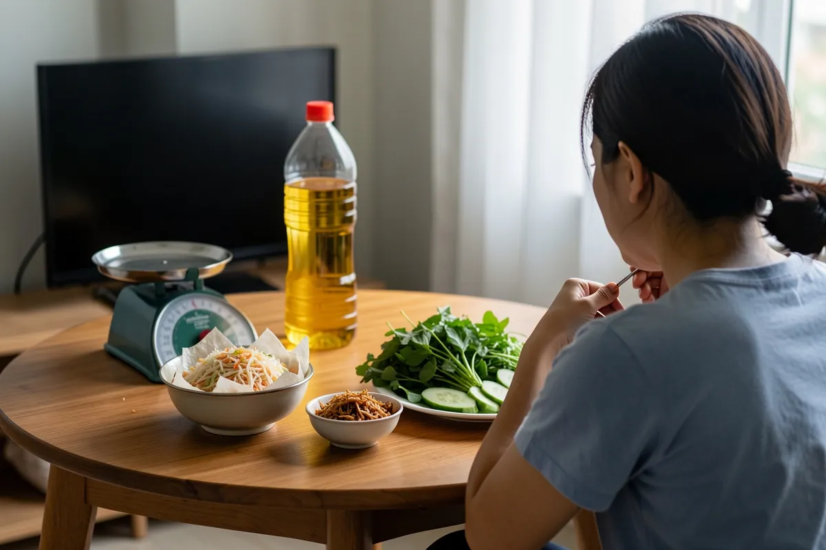 Một phụ nữ ngồi quay lưng bên bàn gỗ tròn đang ăn, trước mặt có tô gỏi, đĩa rau, chai dầu và chiếc cân, ánh sáng cửa sổ