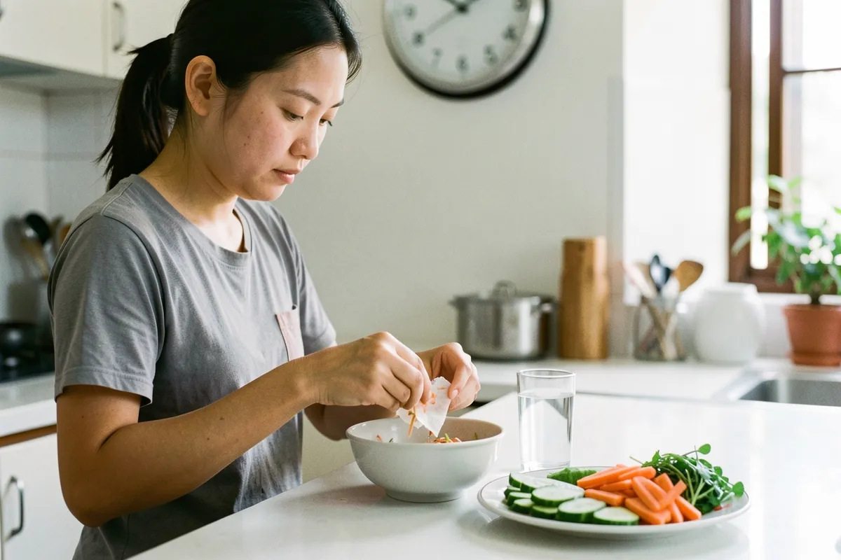 Một phụ nữ trẻ đứng bên bàn bếp, tay xé giấy cuốn rau cho vào tô, cạnh đó có ly nước và đĩa cà rốt, dưa leo, rau thơm