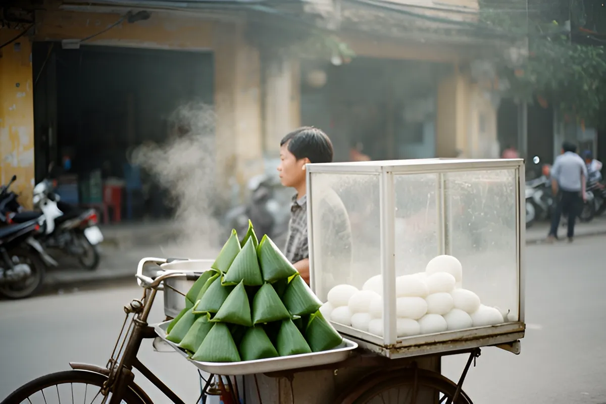 Một người bán hàng đứng cạnh xe đạp chở thùng kính, khay bánh gói lá chuông hình chóp và bánh trắng, khói bốc lên