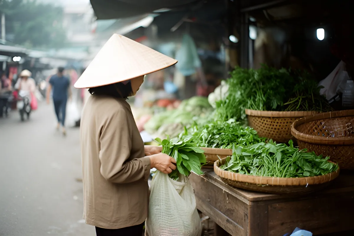 Một phụ nữ đội nón lá đứng trước sạp rau xanh, đang bỏ rau vào túi vải, phía sau là các sạp chợ mờ nhòe
