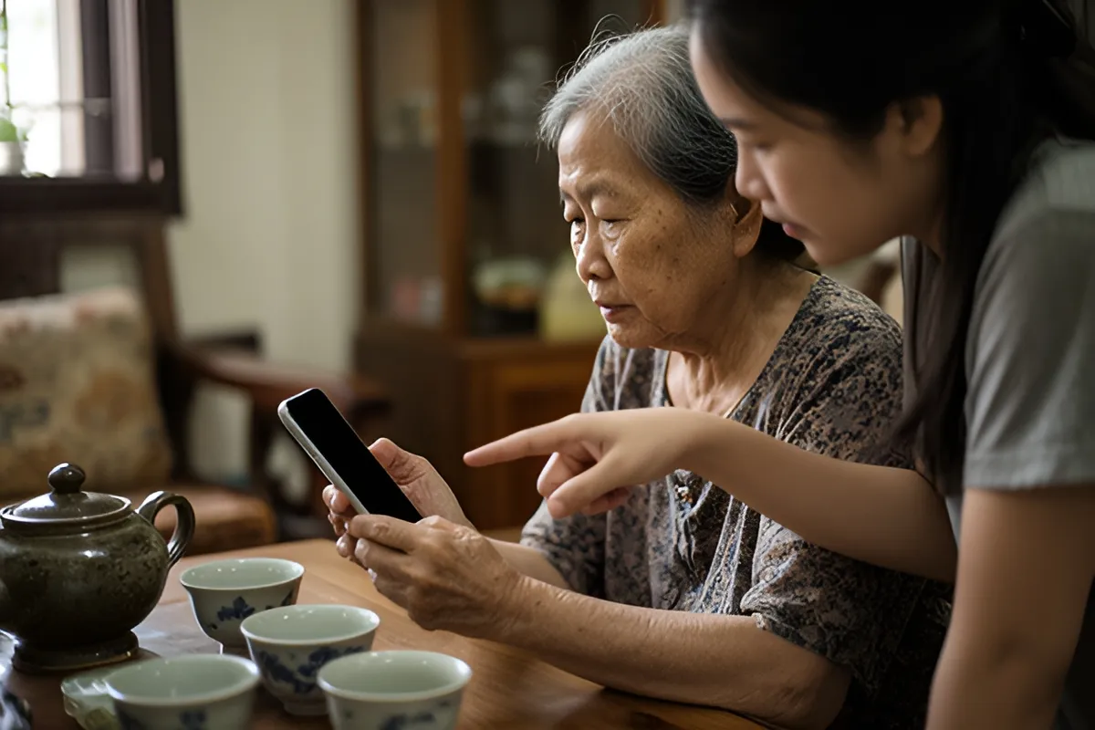 Bà lớn tuổi ngồi bên bàn gỗ cầm điện thoại, người phụ nữ trẻ chỉ tay vào máy, trên bàn có ấm trà và chén, sáng từ cửa sổ