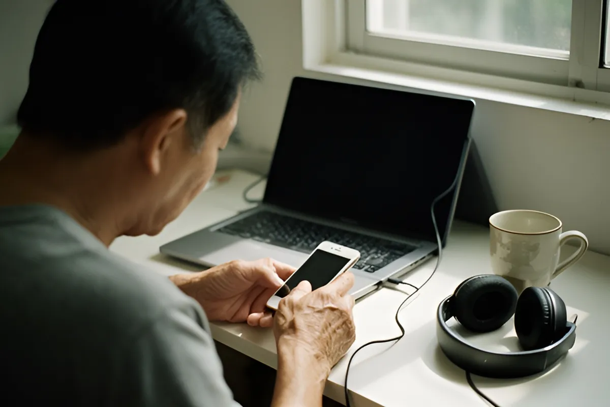 Một người đàn ông ngồi sau bàn nhìn xuống điện thoại trên tay, bên cạnh là laptop, cốc và tai nghe dưới ánh sáng cửa sổ