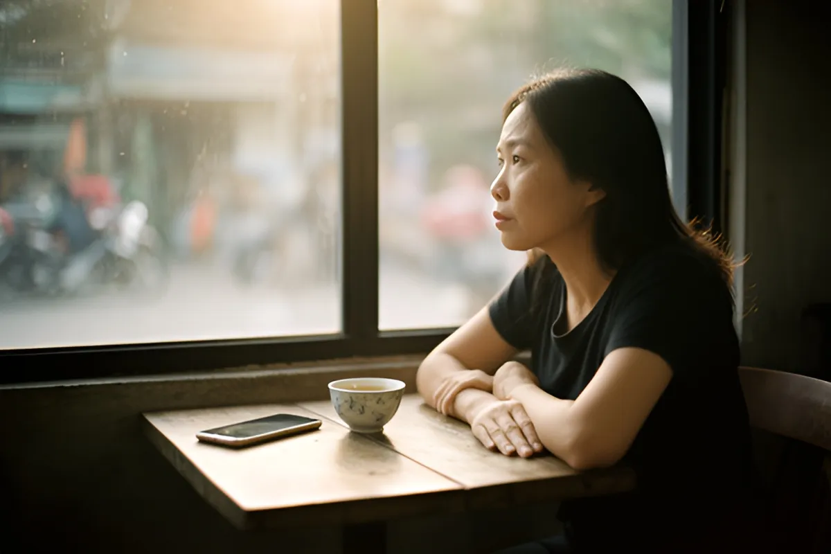 Một phụ nữ trẻ ngồi cạnh cửa sổ quán cà phê, hai tay đan lên bàn, nhìn ra ngoài đường