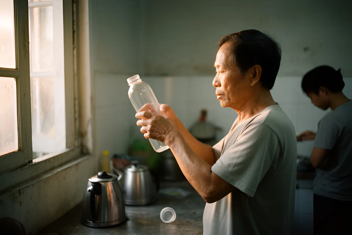 Người đàn ông lớn tuổi đứng nghiêng, giơ chai nhựa trong lên gần cửa sổ, trên bàn có ấm và nắp chai