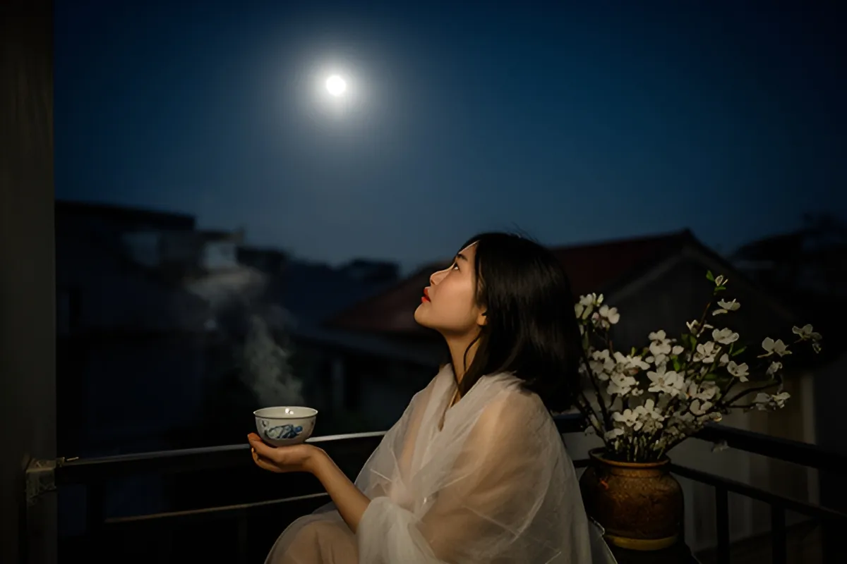 Một phụ nữ trẻ ngồi một mình trên ban công ban đêm, tay cầm chén trà, ngước nhìn vầng trăng sáng trên bầu trời xanh thẫm