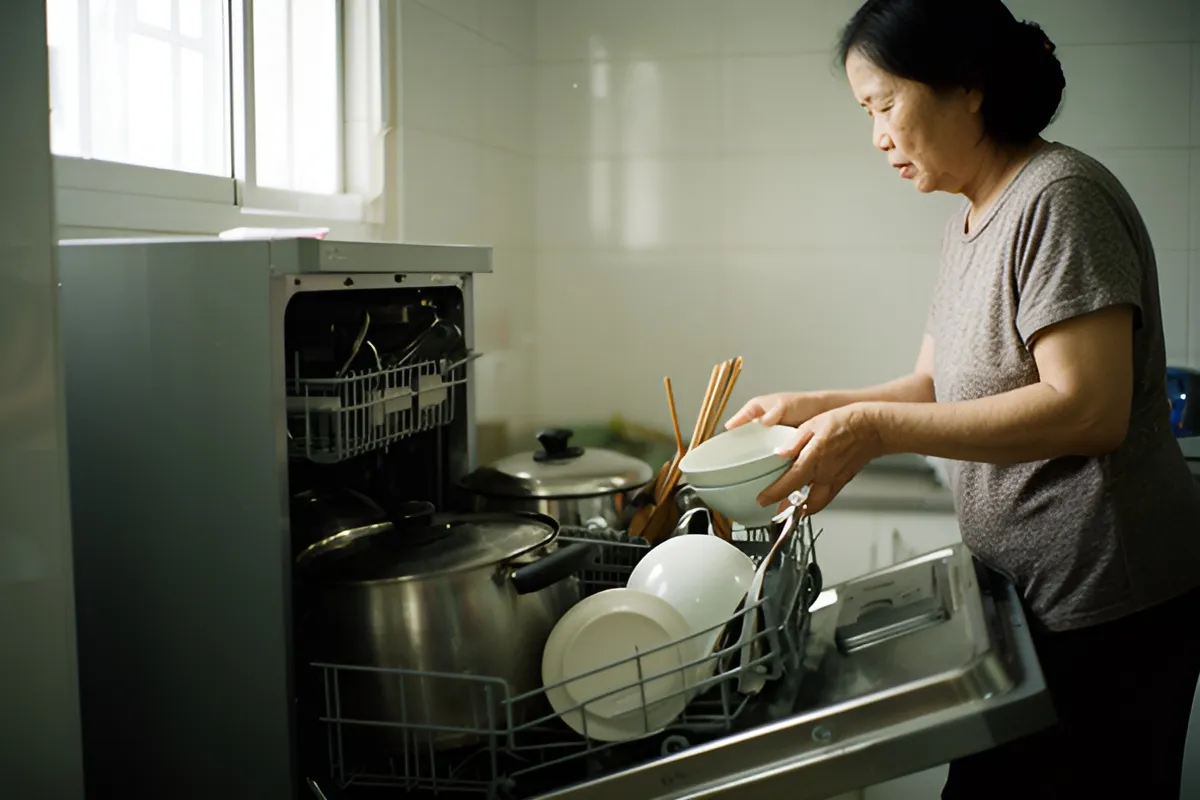 Một phụ nữ trung niên đứng nghiêng trong bếp, hai tay cầm bát trắng xếp vào khay máy rửa chén mở