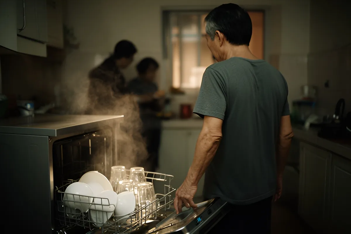 Một người đàn ông đứng quay lưng mở cửa máy rửa chén đang bốc khói nước, trong giỏ có bát và ly sạch