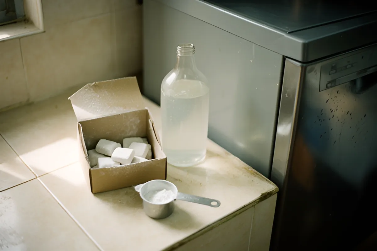 Bàn bếp lát gạch sáng sớm có hộp giấy mở đựng các viên trắng, chai thủy tinh đựng chất lỏng và muỗng kim loại