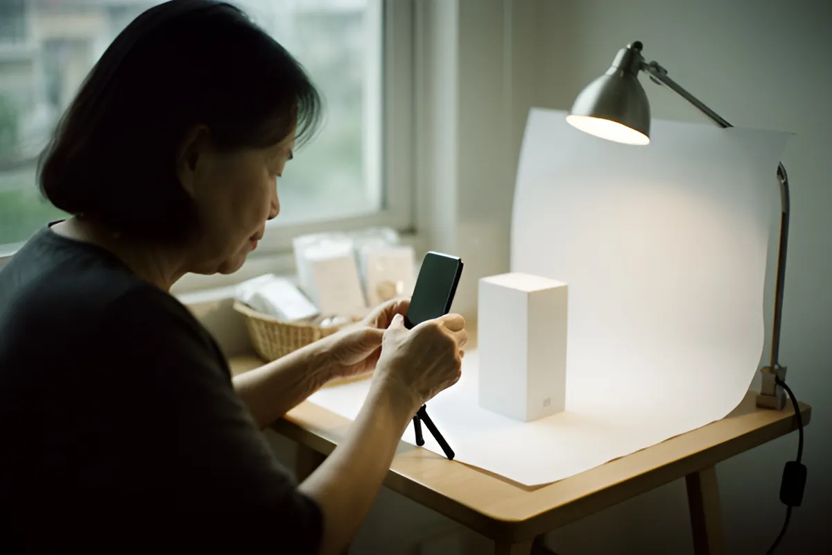 Một phụ nữ ngồi bên bàn gỗ gần cửa sổ, cầm điện thoại chụp một hộp trắng đặt trên giấy trắng