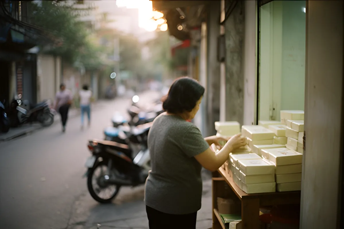 Một phụ nữ đứng quay lưng bên quầy hàng xếp những hộp hàng trắng trước cửa tiệm, đường phố có xe máy đậu và hai người đi bộ