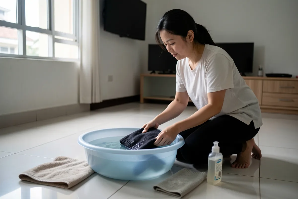 Một phụ nữ quỳ bên thau nước trên sàn gạch, ngâm chiếc áo tối màu, cạnh có khăn và chai, ánh sáng cửa sổ buổi sáng