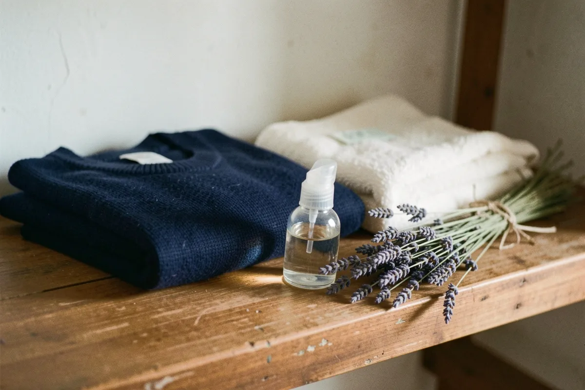 Một chiếc áo len xanh navy gấp gọn, chai xịt thủy tinh, khăn trắng và bó oải hương khô đặt trên kệ gỗ trong ánh sáng dịu