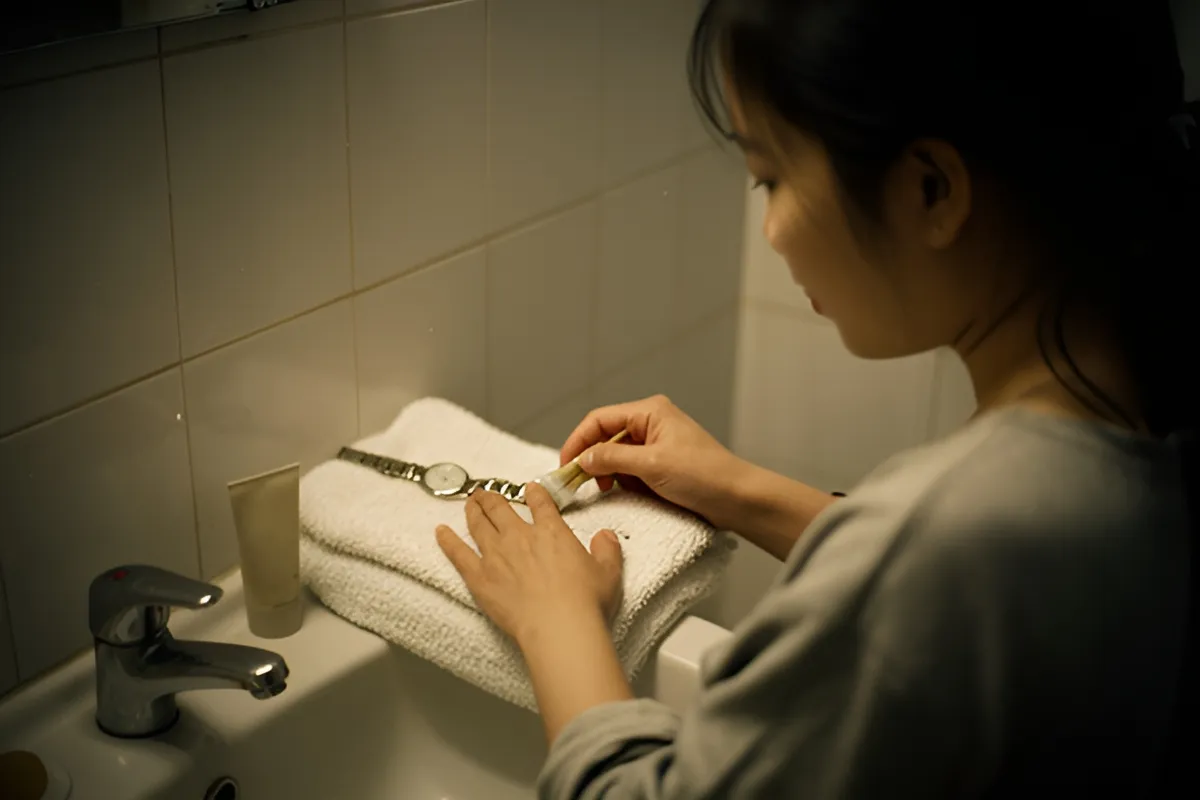 Một người phụ nữ đứng nghiêng bên bồn rửa tay, đang dùng bàn chải nhỏ chải chiếc đồng hồ kim loại đặt trên khăn trắng